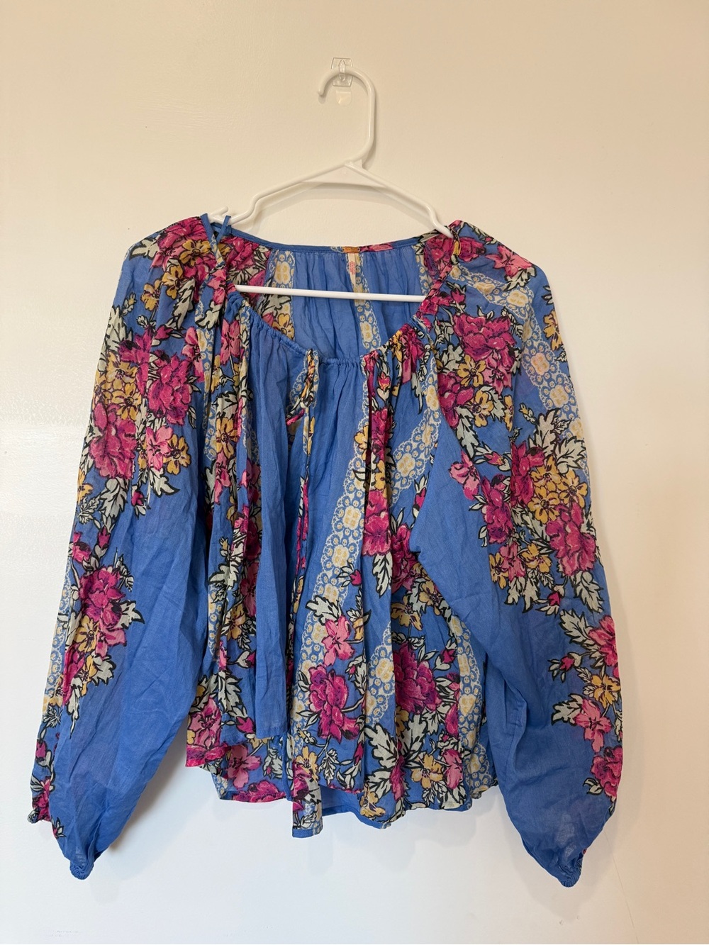 Free People Blue Floral Tie-Neck Peasant Blouse